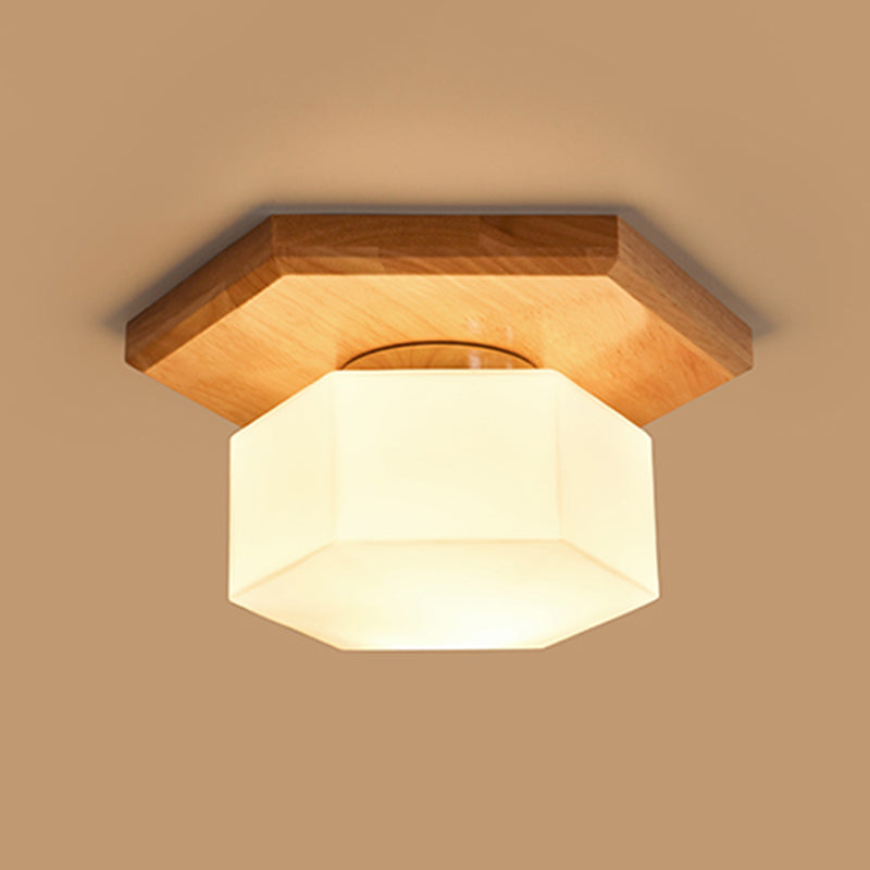 Nordic Cream Glass Hexagon Flush Ceiling Light with Wood Canopy - 1 Light Flushmount Lighting