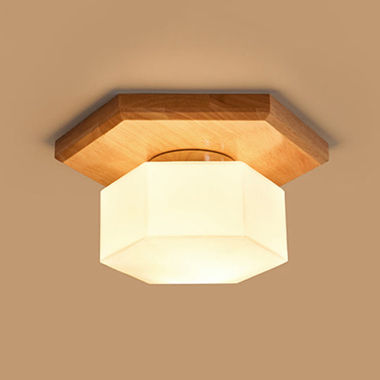 Nordic Cream Glass Hexagon Flush Ceiling Light with Wood Canopy - 1 Light Flushmount Lighting