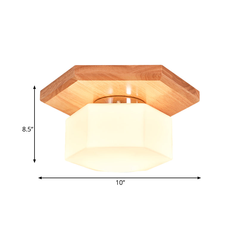 Nordic Cream Glass Hexagon Flush Ceiling Light with Wood Canopy - 1 Light Flushmount Lighting