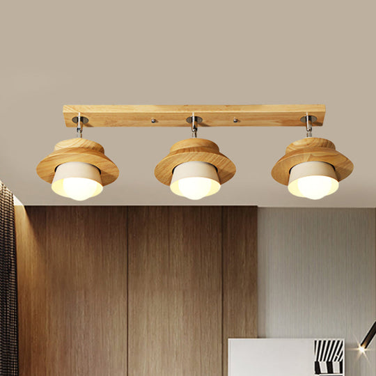 Swivelable Nordic Wooden Flush Mount Ceiling Lamp with Dual Cap Shade - 3-Light White Semi for Sitting Room