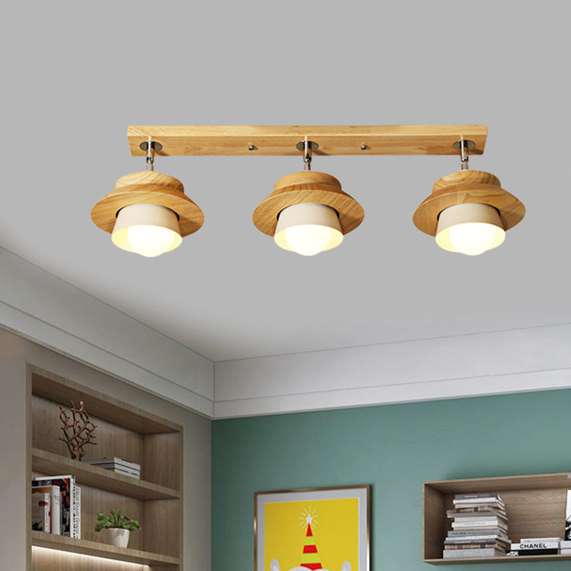 Swivelable Nordic Wooden Flush Mount Ceiling Lamp with Dual Cap Shade - 3-Light White Semi for Sitting Room