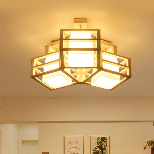 Modern Opaline Matte Glass Cube Ceiling Light with 3 Beige Heads & Wood Cage Guard