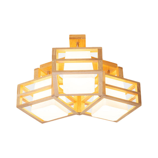 Modern Opaline Matte Glass Cube Ceiling Light with 3 Beige Heads & Wood Cage Guard