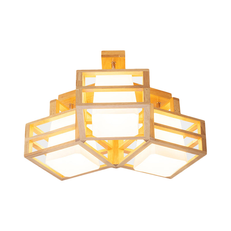 Modern Opaline Matte Glass Cube Ceiling Light With 3 Beige Heads & Wood Cage Guard