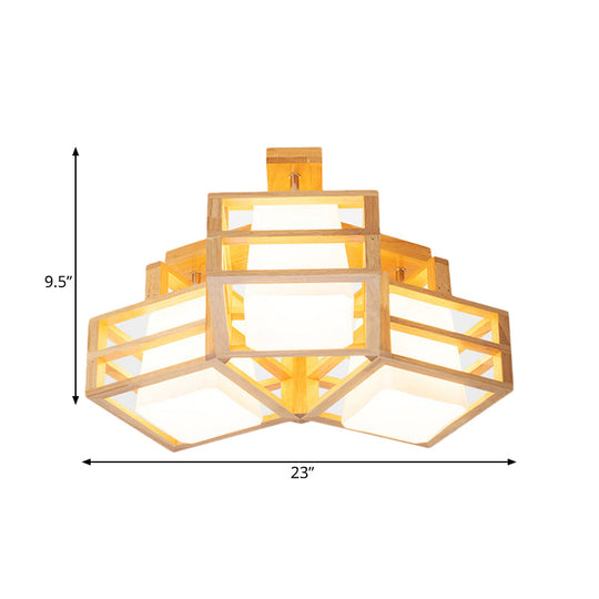 Modern Opaline Matte Glass Cube Ceiling Light with 3 Beige Heads & Wood Cage Guard