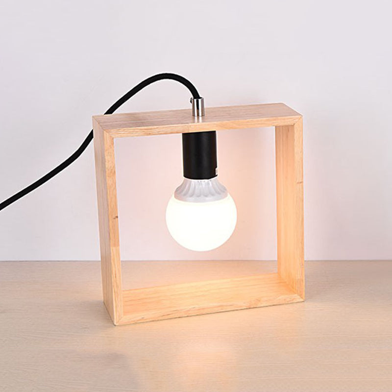 Minimalist Wood Table Lamp With Square Frame - Bedside Nightstand Light Single Bulb Design