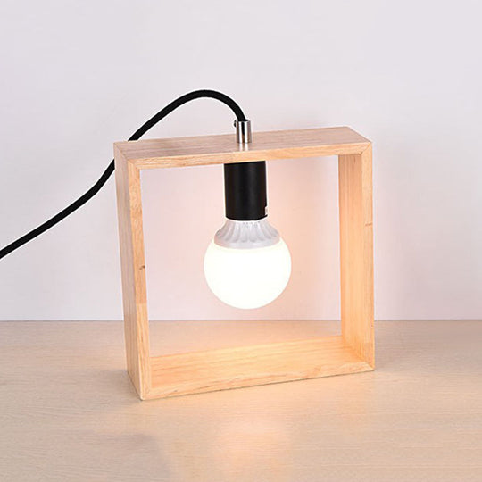 Minimalist Wood Table Lamp With Square Frame - Bedside Nightstand Light Single Bulb Design