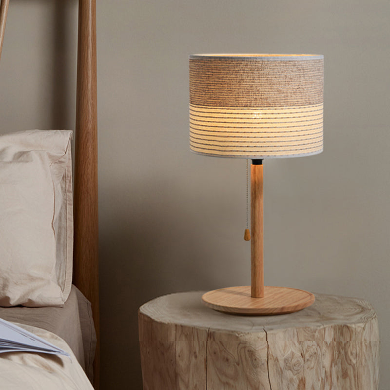 Modern Striped Fabric Barrel Shade Table Lamp With Pull Chain And Wood Stand