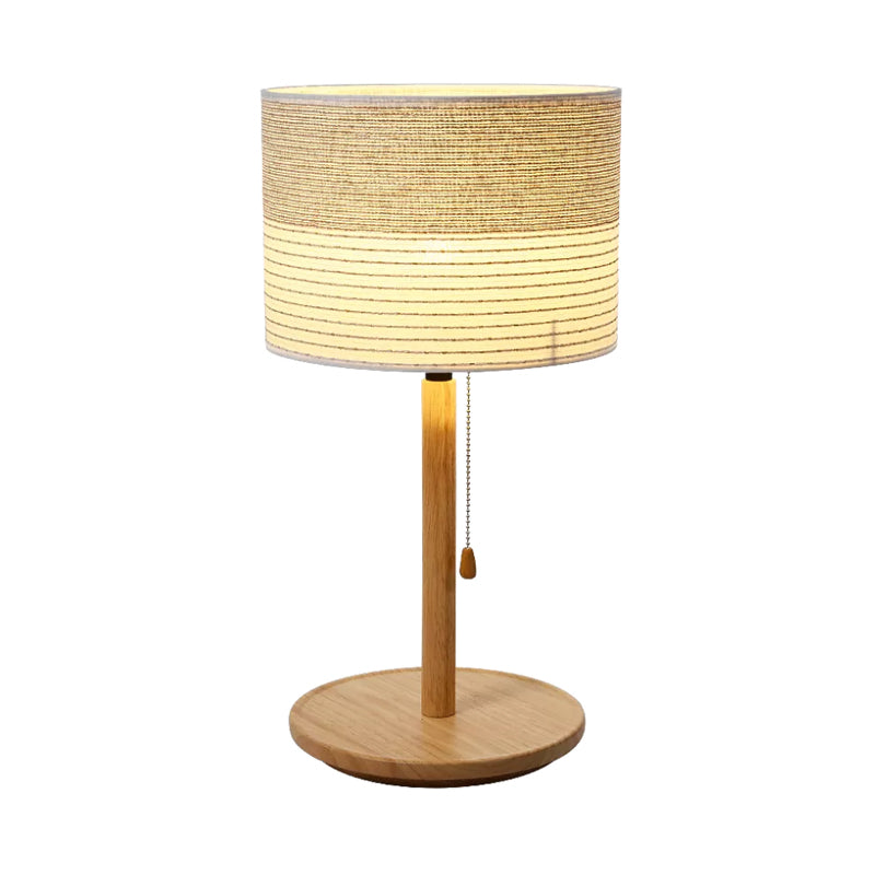 Modern Striped Fabric Barrel Shade Table Lamp With Pull Chain And Wood Stand