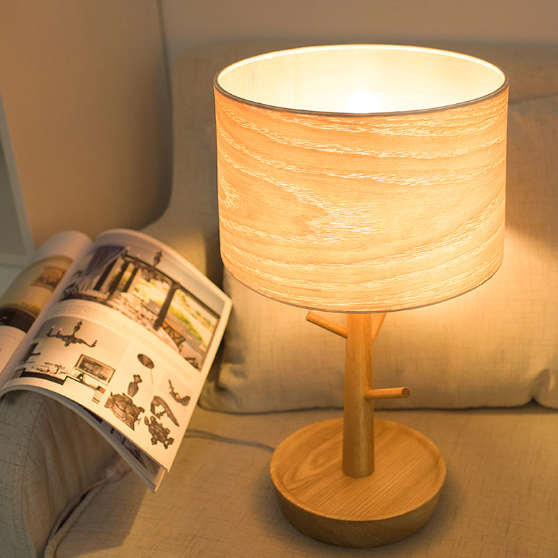 Modern 1-Light Beige Table Lamp With Wood Drum Shade And Hook Design - Functional Night Lighting