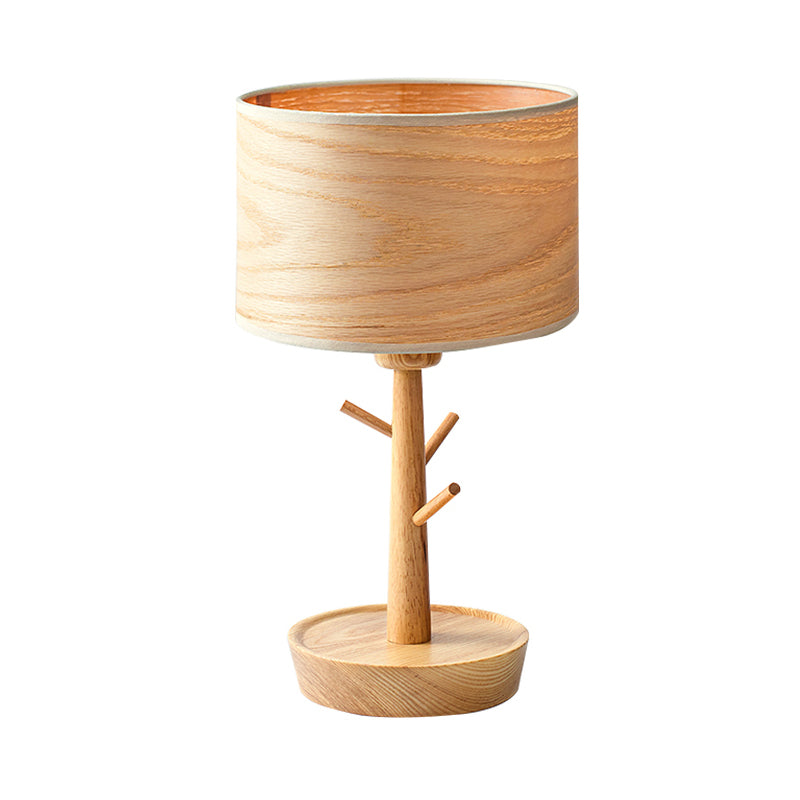 Modern 1-Light Beige Table Lamp With Wood Drum Shade And Hook Design - Functional Night Lighting