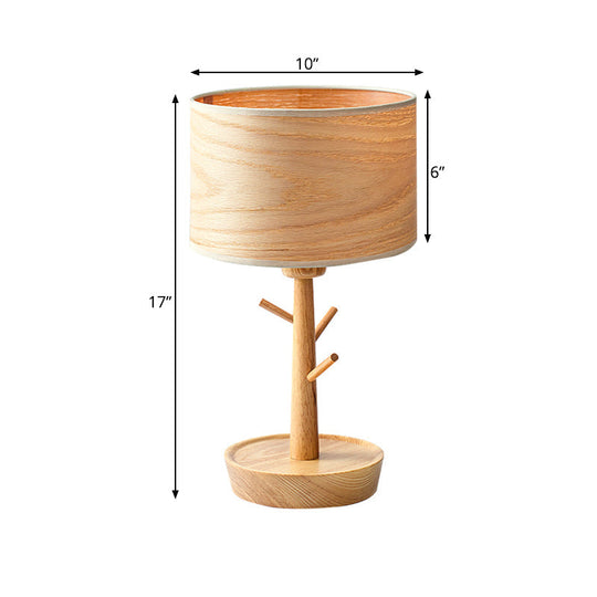 Modern 1-Light Beige Table Lamp With Wood Drum Shade And Hook Design - Functional Night Lighting