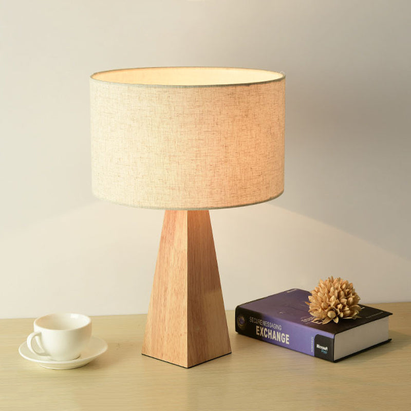 Modern Prismatic Wooden Table Lamp With Beige Night Light And White Fabric Shade