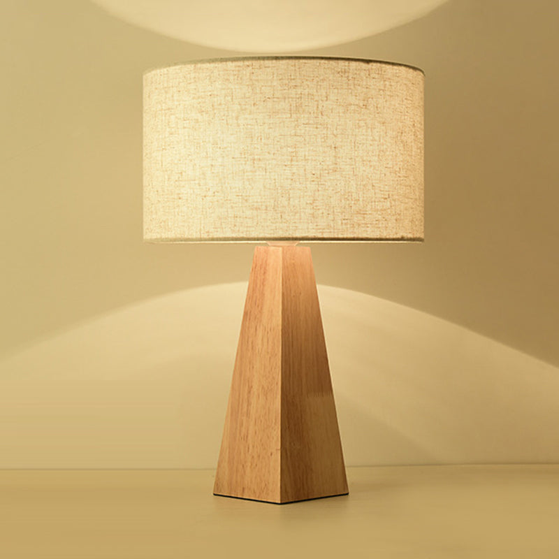 Modern Prismatic Wooden Table Lamp With Beige Night Light And White Fabric Shade