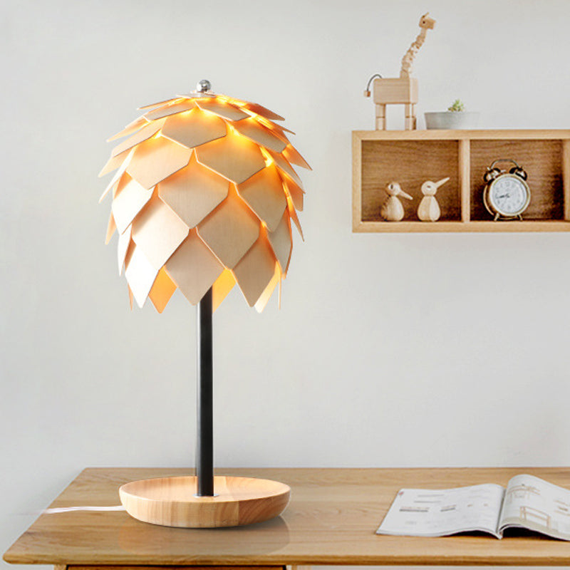 Nordic Wood Artichoke Table Lamp: Beige Nightstand Light With Tray Base