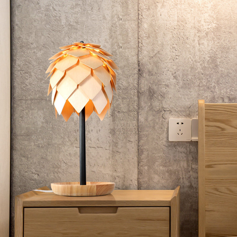 Nordic Wood Artichoke Table Lamp: Beige Nightstand Light With Tray Base