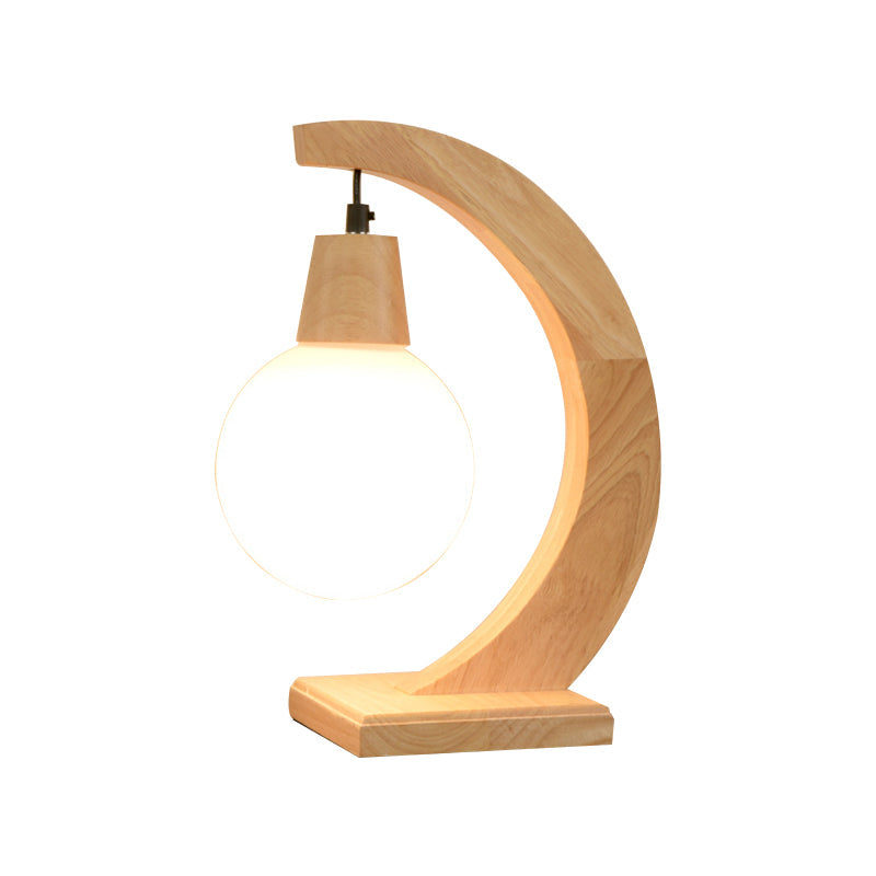 Nordic Arch Table Lamp With Cream Frosted Glass Shade - Bedroom Night Stand Light Wood Design