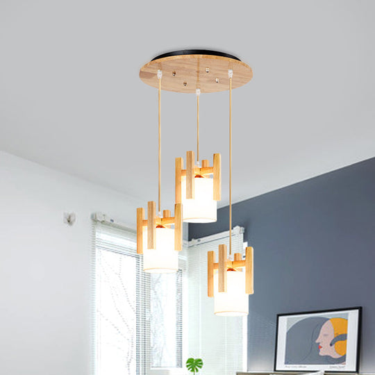 3-Light Modern Beige Pendant Ceiling Lamp with Fabric Shade and Wooden Fence Top