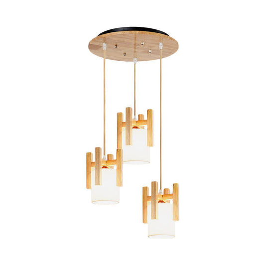 Modern Beige Multi-Light Pendant Ceiling Lamp With Fabric Shade And Wood Fence Top - 3 Lights