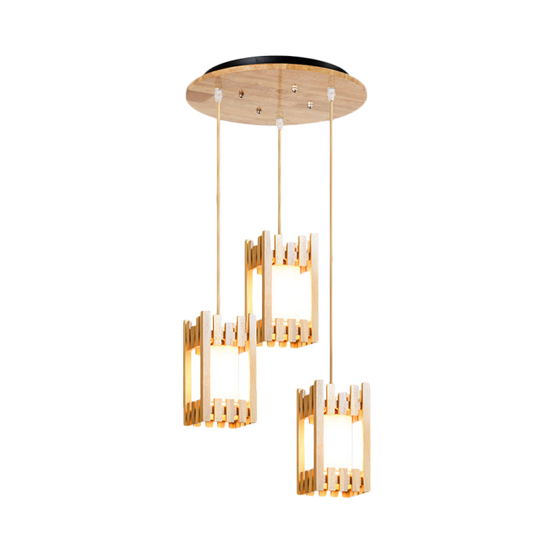 Wooden Cluster Arbor Pendant Asian Ceiling Lamp with Fabric Lampshade - 3 Bulbs, Beige Suspension Design