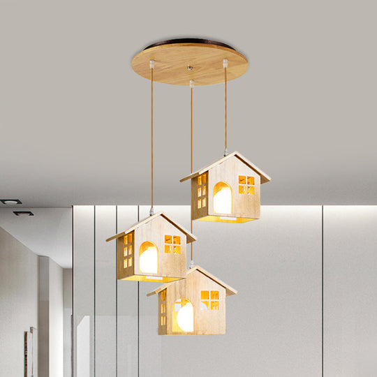 Wooden Lodge Pendant Lamp With 3 Heads For Dining Table Wood