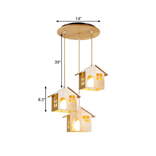 Wooden Lodge Pendant Lamp With 3 Heads For Dining Table