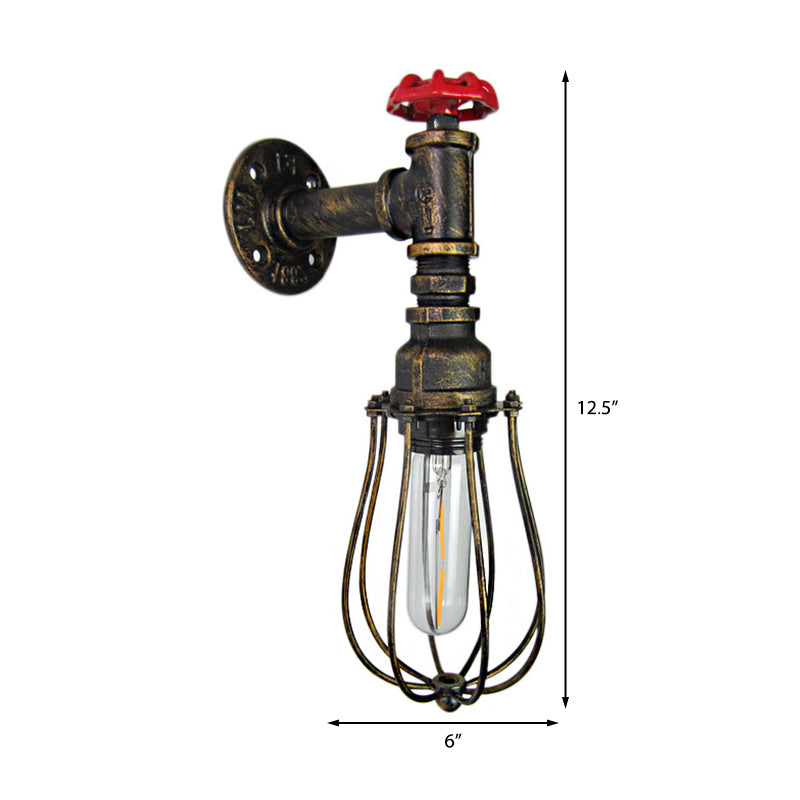 Industrial Antique Brass Iron Wall Lamp With Wire Guard And Red Valve Mount Light