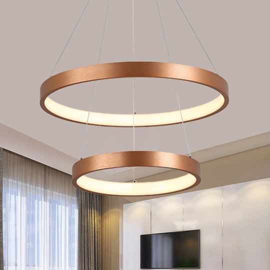 Gold Metallic Minimalist Led Hoop Chandelier - Warm/White Light 1/2/3-Tier Ceiling Pendant