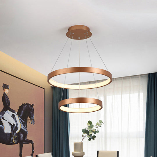 Gold Metallic Minimalist Led Hoop Chandelier - Warm/White Light 1/2/3-Tier Ceiling Pendant / 2 Tiers