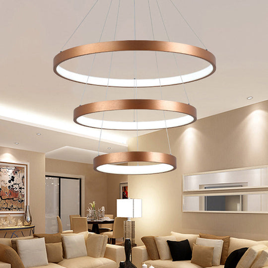 Gold Metallic Minimalist Led Hoop Chandelier - Warm/White Light 1/2/3-Tier Ceiling Pendant