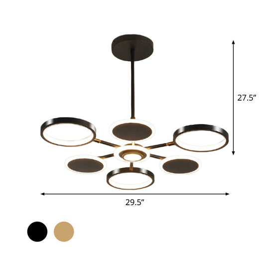 Contemporary Adjustable Loop Metal Chandelier Lamp - Black/Gold 6 Bulbs Led Pendant Light Ideal For