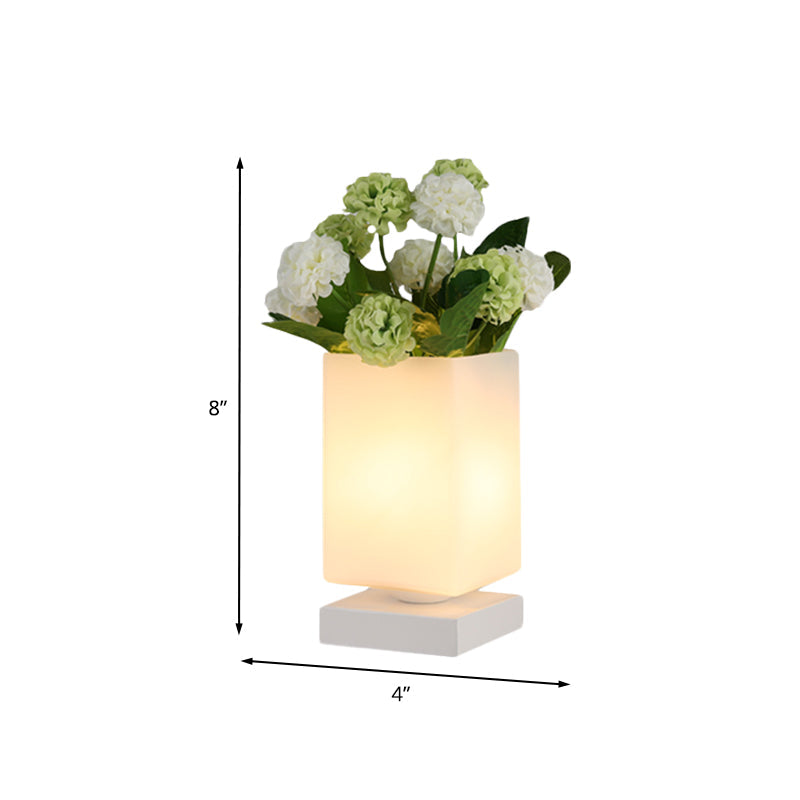 Blossom White Glass Led Night Lamp: Art Deco Cone/Rectangle Nightstand Lighting For Bedroom