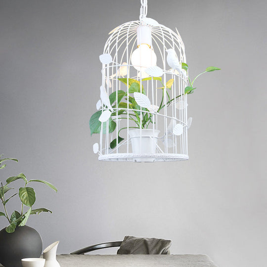 White Vintage Bird Cage Pendant Light with Potted Plant Design - 1 Bulb Iron Ceiling Lamp