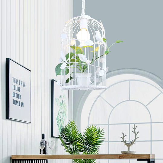 White Vintage Bird Cage Pendant Light with Potted Plant Design - 1 Bulb Iron Ceiling Lamp