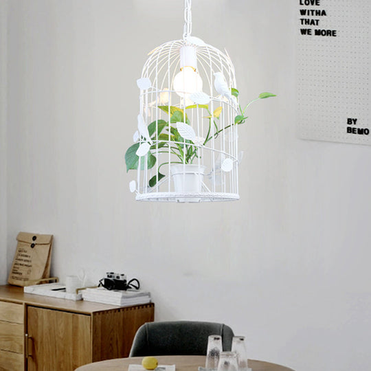 White Vintage Bird Cage Pendant Light with Potted Plant Design - 1 Bulb Iron Ceiling Lamp