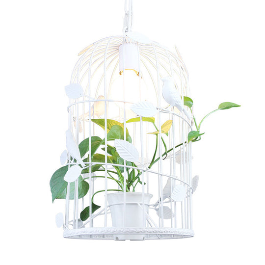 White Vintage Bird Cage Pendant Light with Potted Plant Design - 1 Bulb Iron Ceiling Lamp