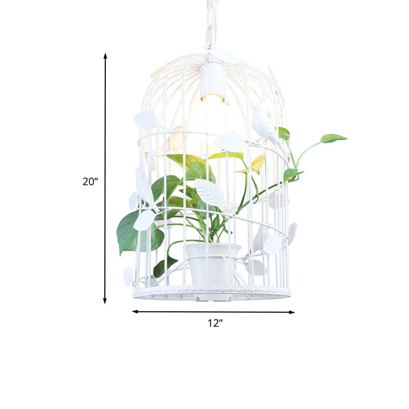 White Vintage Bird Cage Pendant Light with Potted Plant Design - 1 Bulb Iron Ceiling Lamp