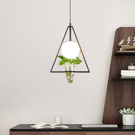 Industrial 1-Light Pendant with White Glass Globe, Triangle Cage, and Plant Pot - Black/Grey/Gold