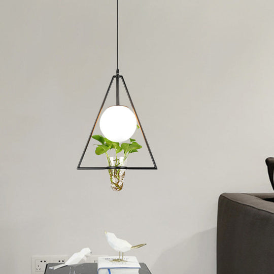 Industrial 1-Light Pendant with White Glass Globe, Triangle Cage, and Plant Pot - Black/Grey/Gold