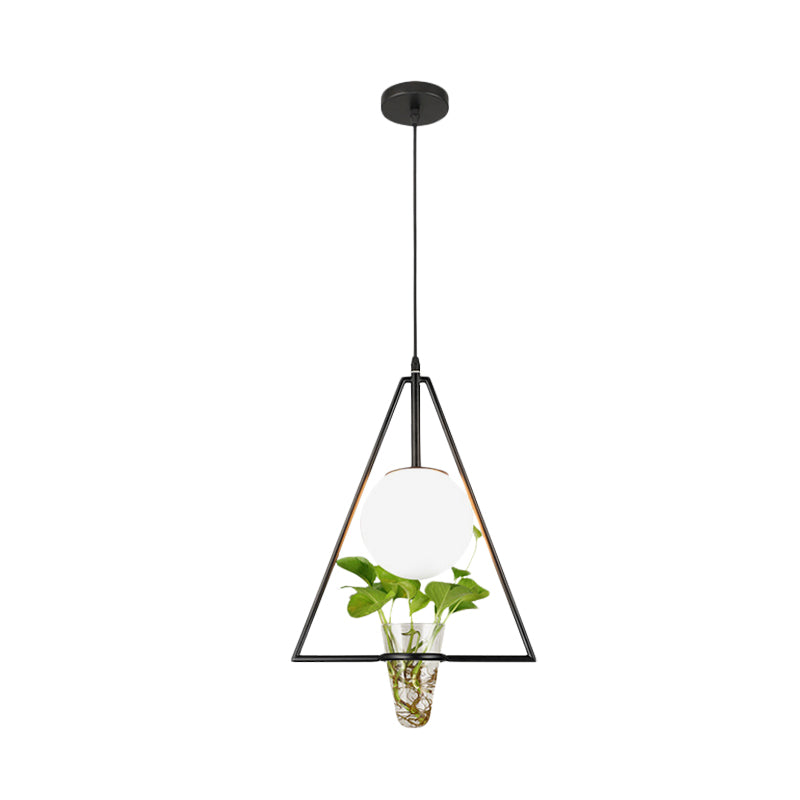 Industrial 1-Light Pendant with White Glass Globe, Triangle Cage, and Plant Pot - Black/Grey/Gold