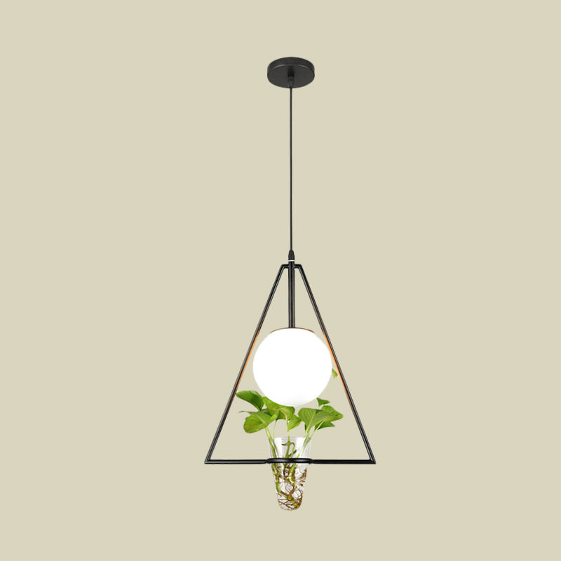 Industrial 1-Light Pendant with White Glass Globe, Triangle Cage, and Plant Pot - Black/Grey/Gold