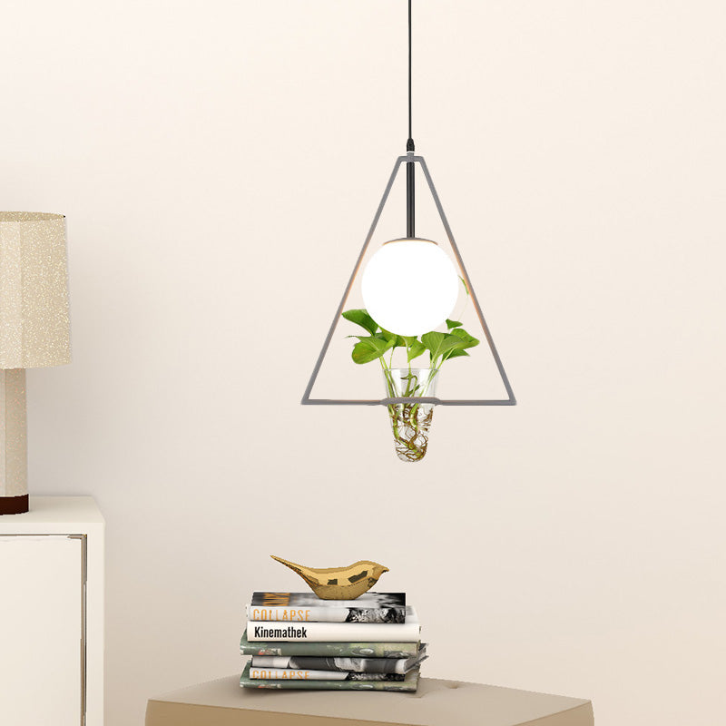 Industrial 1-Light Pendant with White Glass Globe, Triangle Cage, and Plant Pot - Black/Grey/Gold