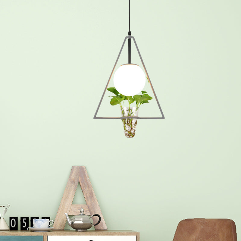 Industrial 1-Light Pendant with White Glass Globe, Triangle Cage, and Plant Pot - Black/Grey/Gold