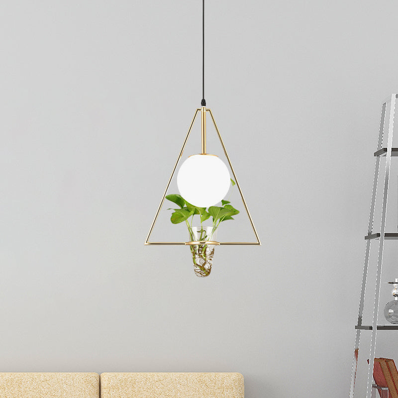 Industrial 1-Light Pendant with White Glass Globe, Triangle Cage, and Plant Pot - Black/Grey/Gold