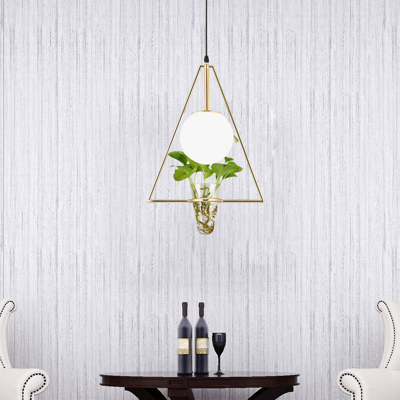 Industrial 1-Light Pendant with White Glass Globe, Triangle Cage, and Plant Pot - Black/Grey/Gold