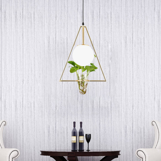 Industrial 1-Light Pendant with White Glass Globe, Triangle Cage, and Plant Pot - Black/Grey/Gold