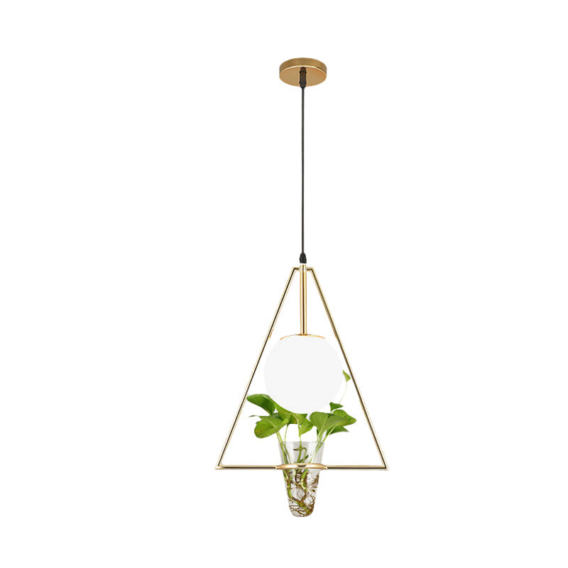 Industrial 1-Light Pendant with White Glass Globe, Triangle Cage, and Plant Pot - Black/Grey/Gold