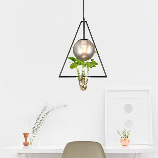 Smoke Gray Glass Pendant Light with Unique Triangle Frame and Plant Pot for Modern Bedroom