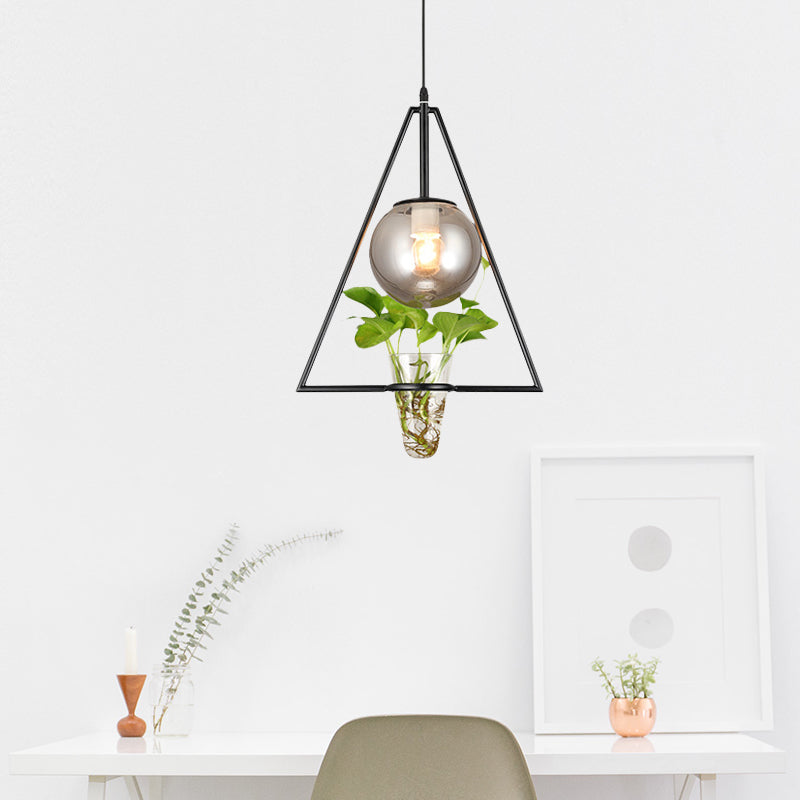 Gray Glass Orb Pendant Light With Triangle Frame And Plant Pot - Perfect For Bedroom Or Warehouse