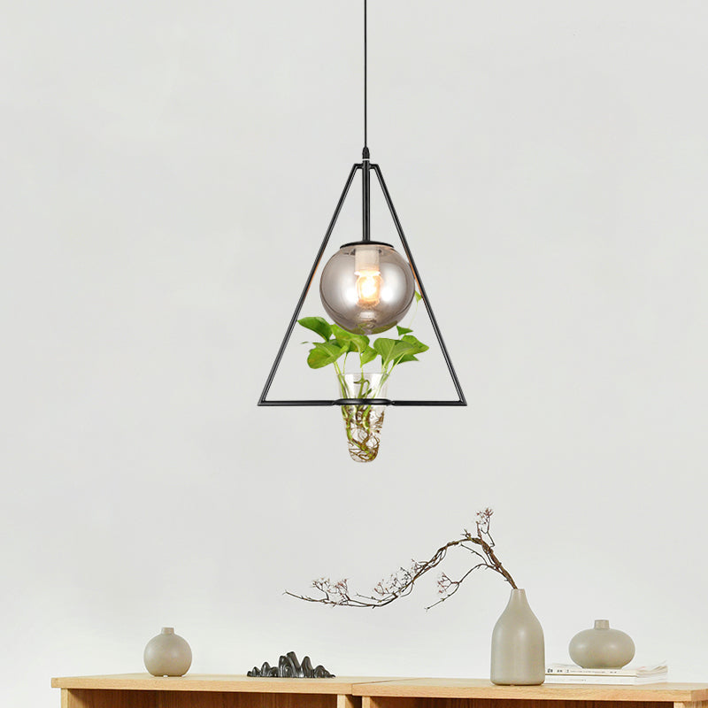 Smoke Gray Glass Pendant Light with Unique Triangle Frame and Plant Pot for Modern Bedroom